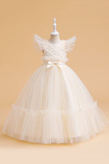 Tule A Line Champagne Girl Dress com Arco